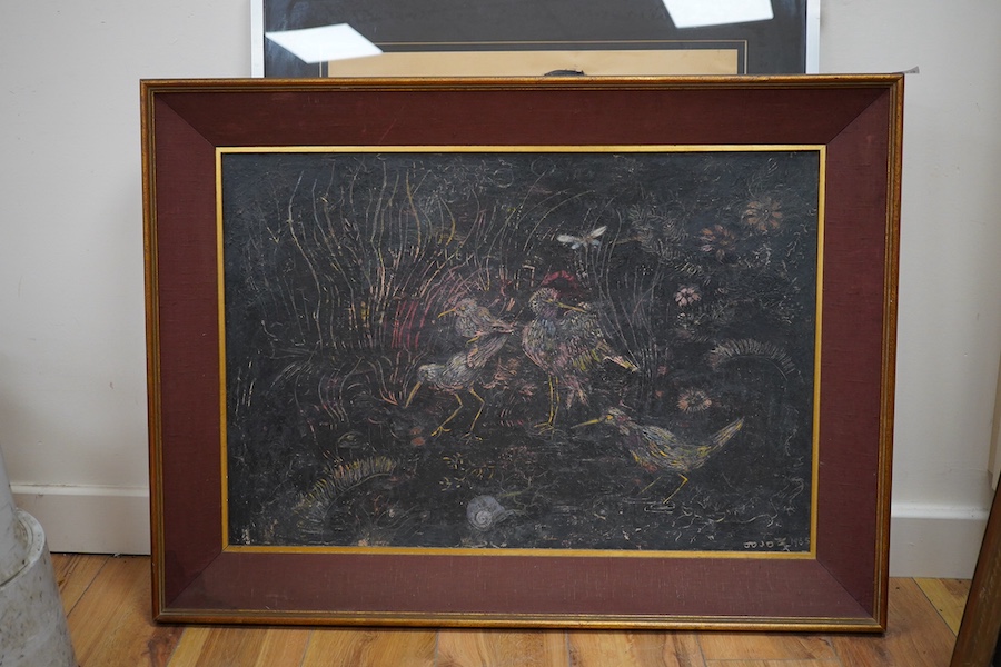 Jo Jo, mid 20th century New Zealand School, oil on board, Kiwis in undergrowth, signed and dated 1965, 50 x 73cm.